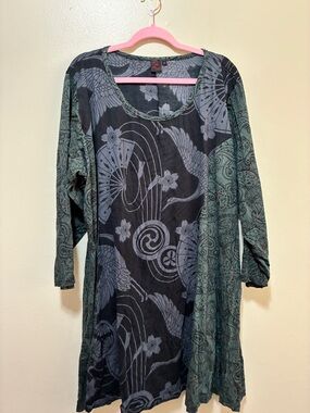 Aller Simplement Black and Green Patterned Long Sleeve Tunic Dress cotton 3x